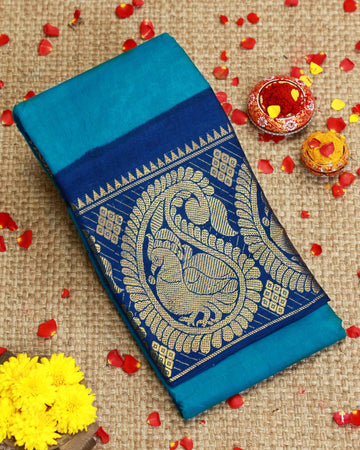 Traditional Sungudi Cotton Saree with Checked Weave and Intricate Zari Peacock Border - Blue