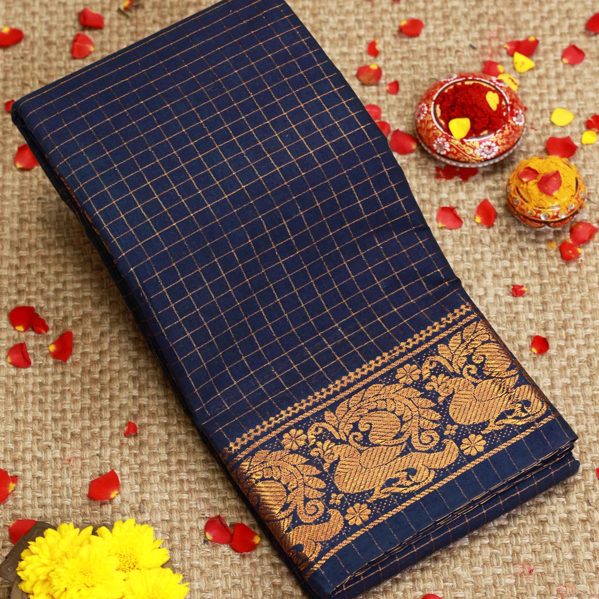 Traditional Sungudi Cotton Saree with Checked Pattern and Rich Zari Peacock Border - Dark Blue
