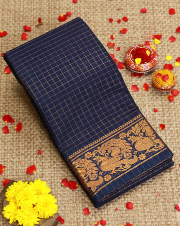 Traditional Sungudi Cotton Saree with Checked Pattern and Rich Zari Peacock Border - Dark Blue