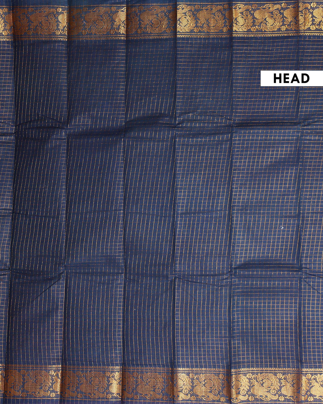 Traditional Sungudi Cotton Saree with Checked Pattern and Rich Zari Peacock Border - Dark Blue