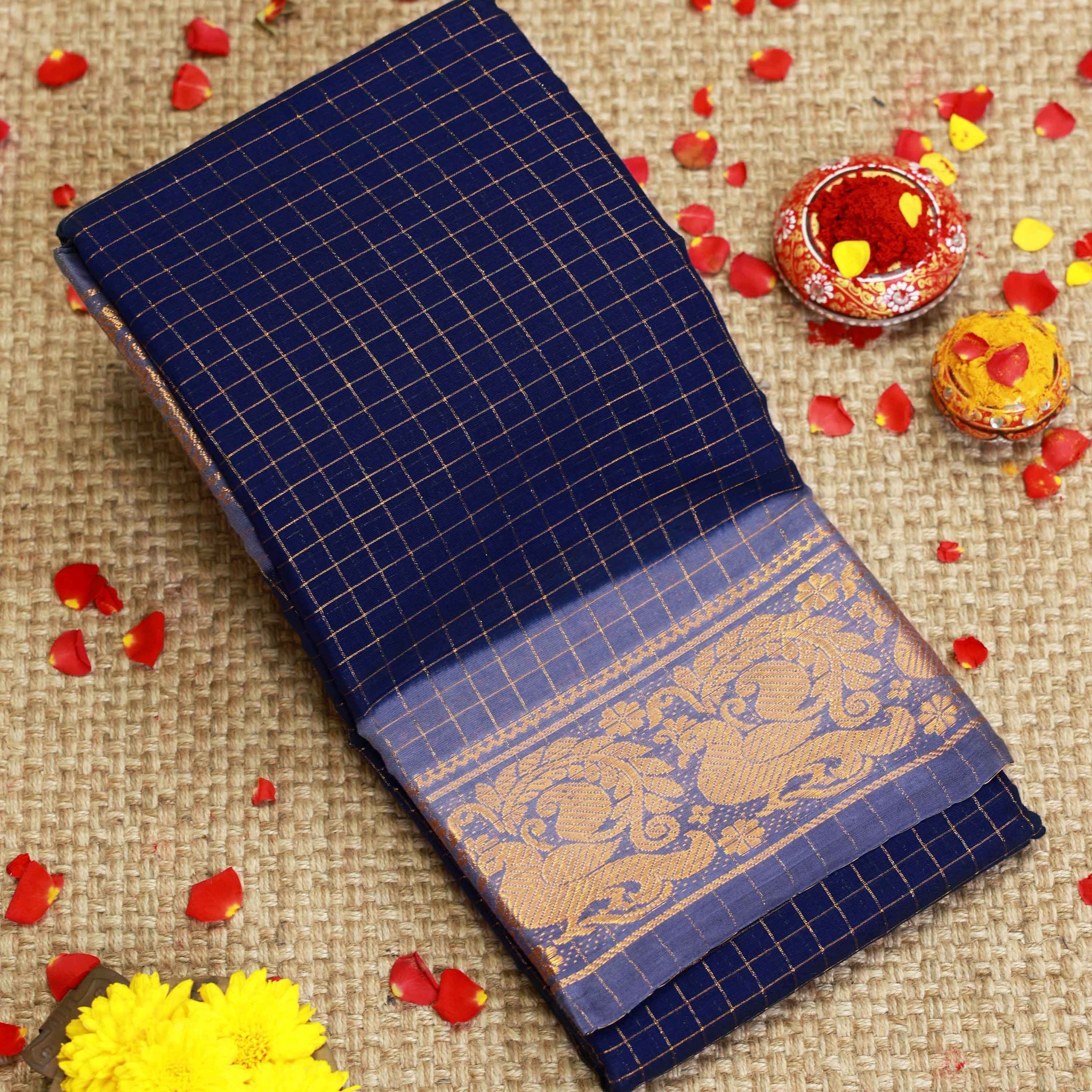 Traditional Sungudi Cotton Saree with Checked Pattern and Rich Zari Peacock Border - Navy Blue