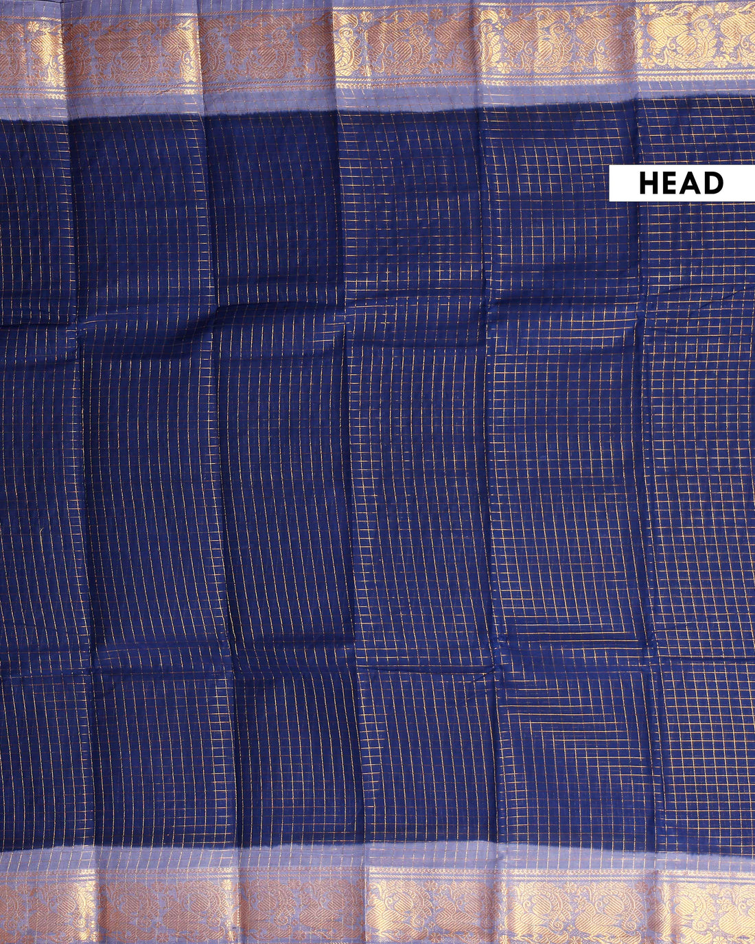 Traditional Sungudi Cotton Saree with Checked Pattern and Rich Zari Peacock Border - Navy Blue
