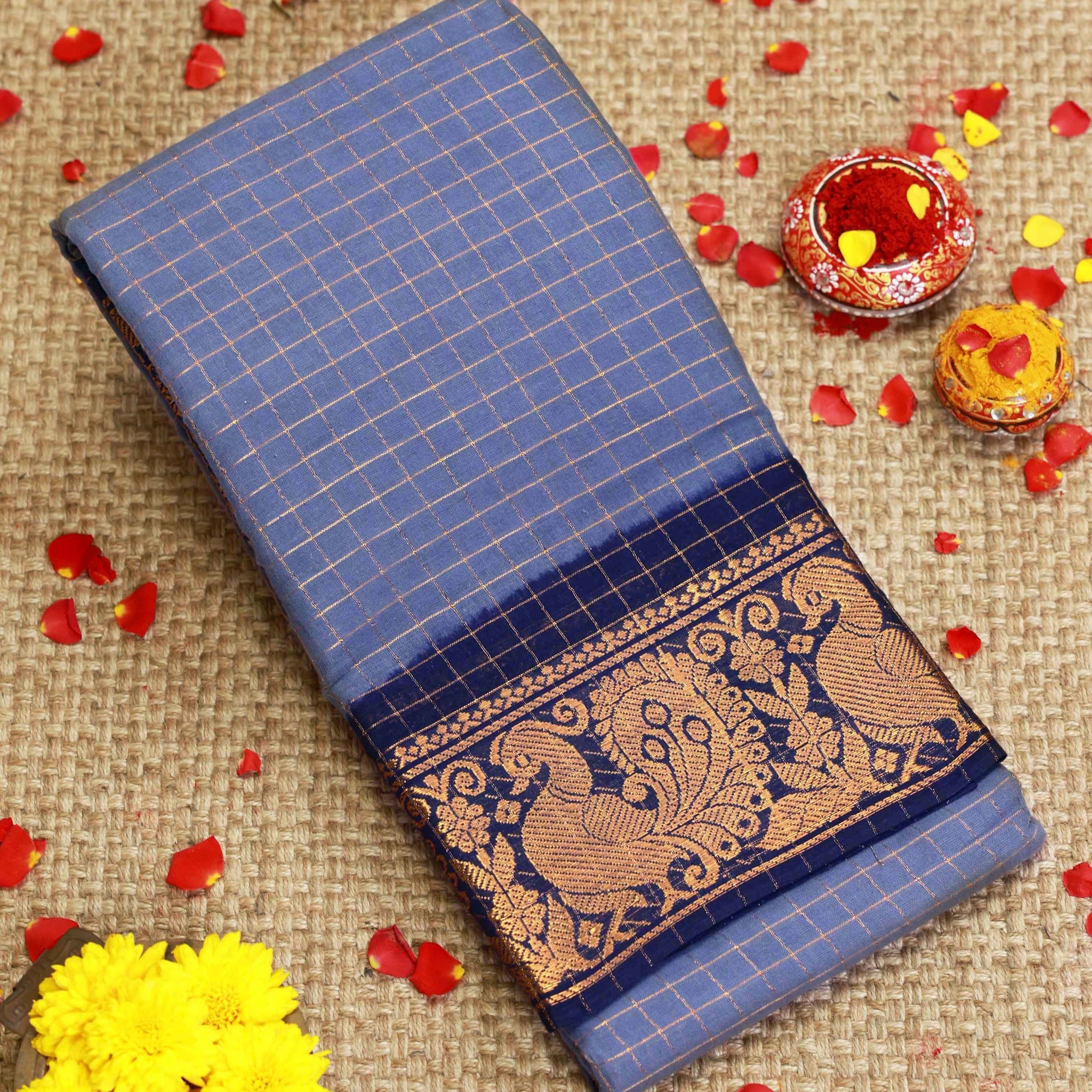 Traditional Sungudi Cotton Saree with Checked Pattern and Rich Zari Peacock Border - Grey