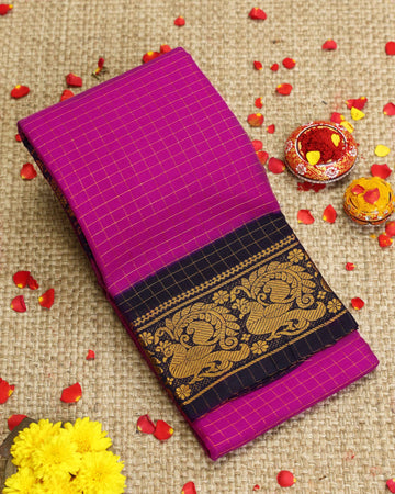 Traditional Sungudi Cotton Saree with Checked Pattern and Rich Zari Peacock Border - Pink