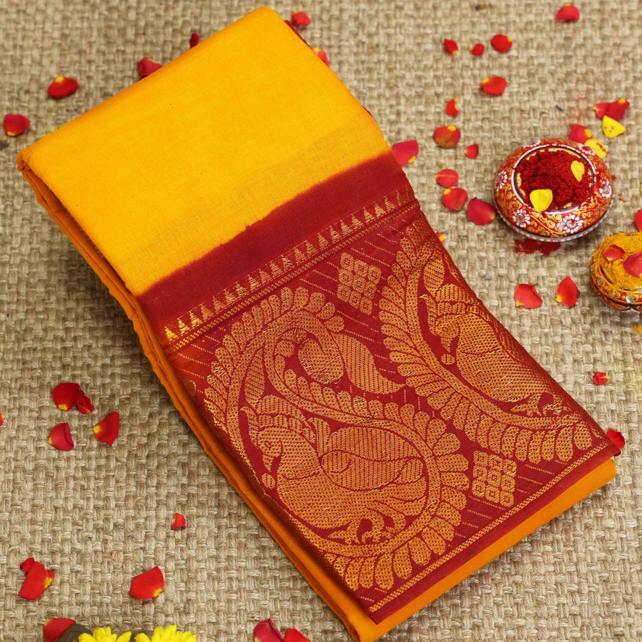 Traditional Sungudi Cotton Saree with Checked Weave and Intricate Zari Peacock Border - Yellow