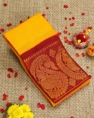 Traditional Sungudi Cotton Saree with Checked Weave and Intricate Zari Peacock Border - Yellow