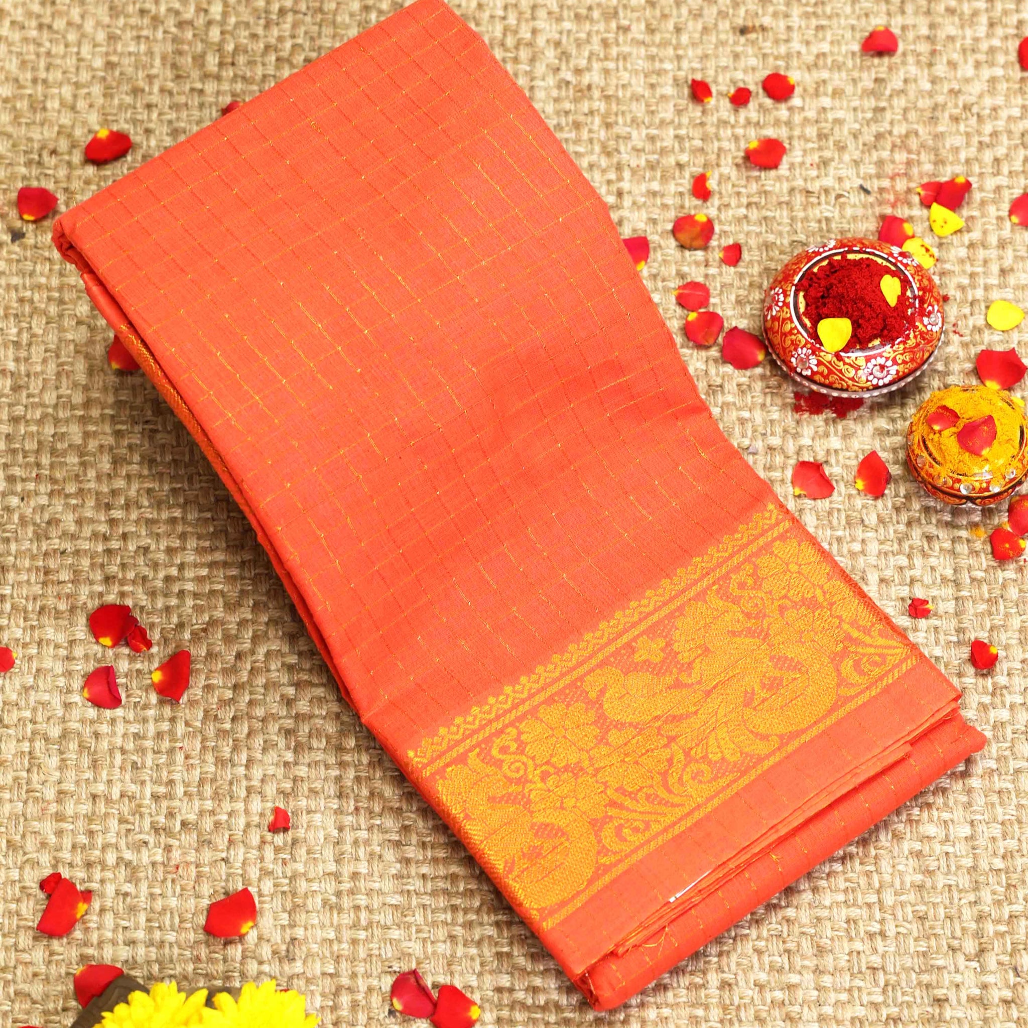 Traditional Sungudi Cotton Saree with Checked Pattern and Rich Zari Peacock Border - Orange