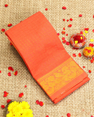 Traditional Sungudi Cotton Saree with Checked Pattern and Rich Zari Peacock Border - Orange