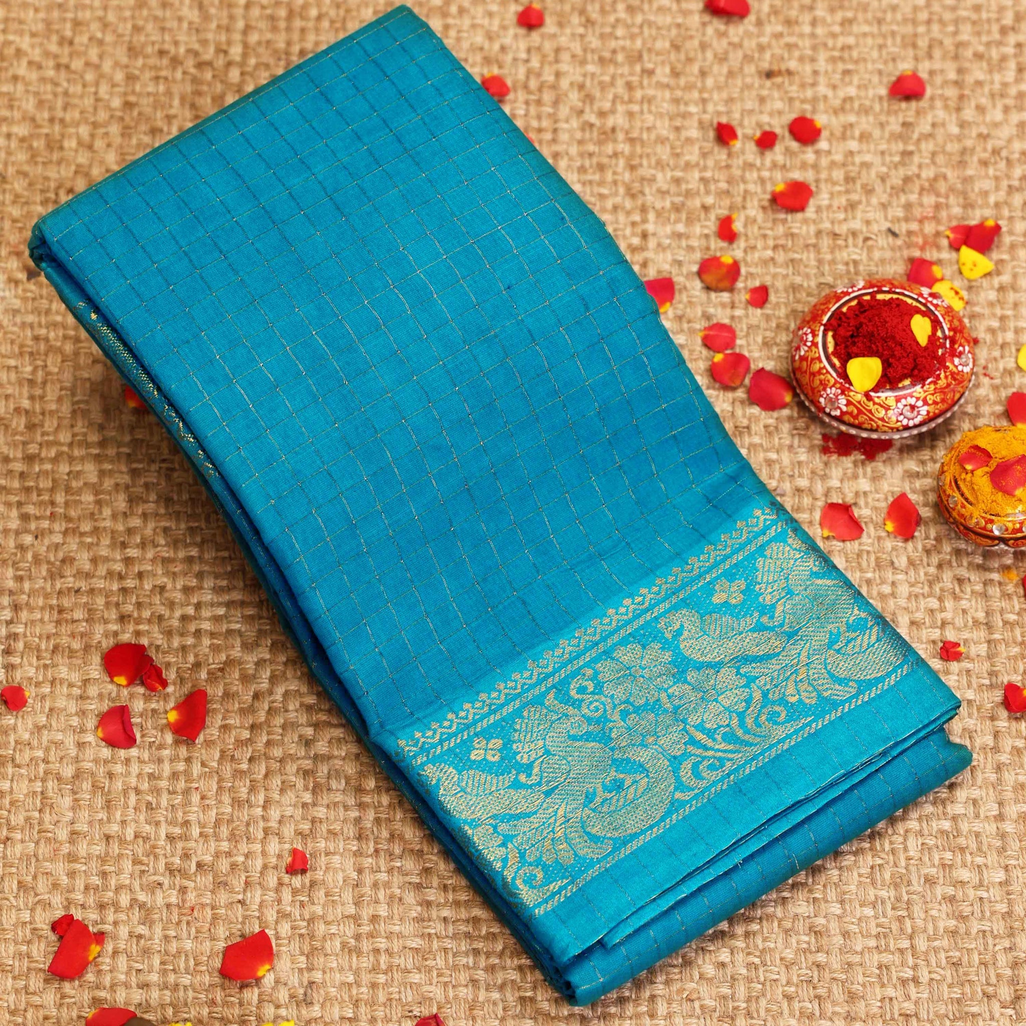 Traditional Sungudi Cotton Saree with Checked Pattern and Rich Zari Peacock Border - Blue