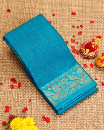 Traditional Sungudi Cotton Saree with Checked Pattern and Rich Zari Peacock Border - Blue