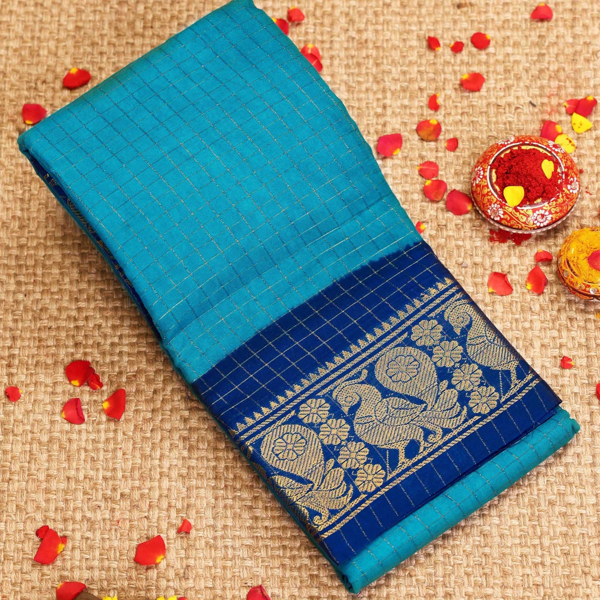 Traditional Sungudi Cotton Saree with Checked Pattern and Rich Zari Peacock Border - Blue