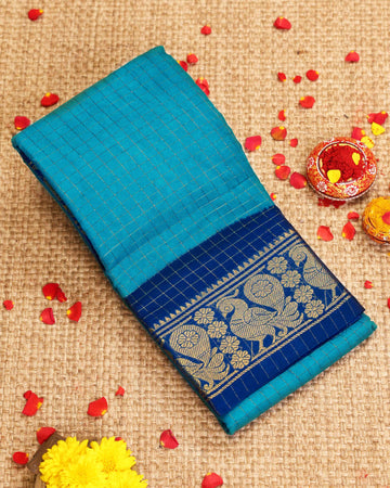 Traditional Sungudi Cotton Saree with Checked Pattern and Rich Zari Peacock Border - Blue