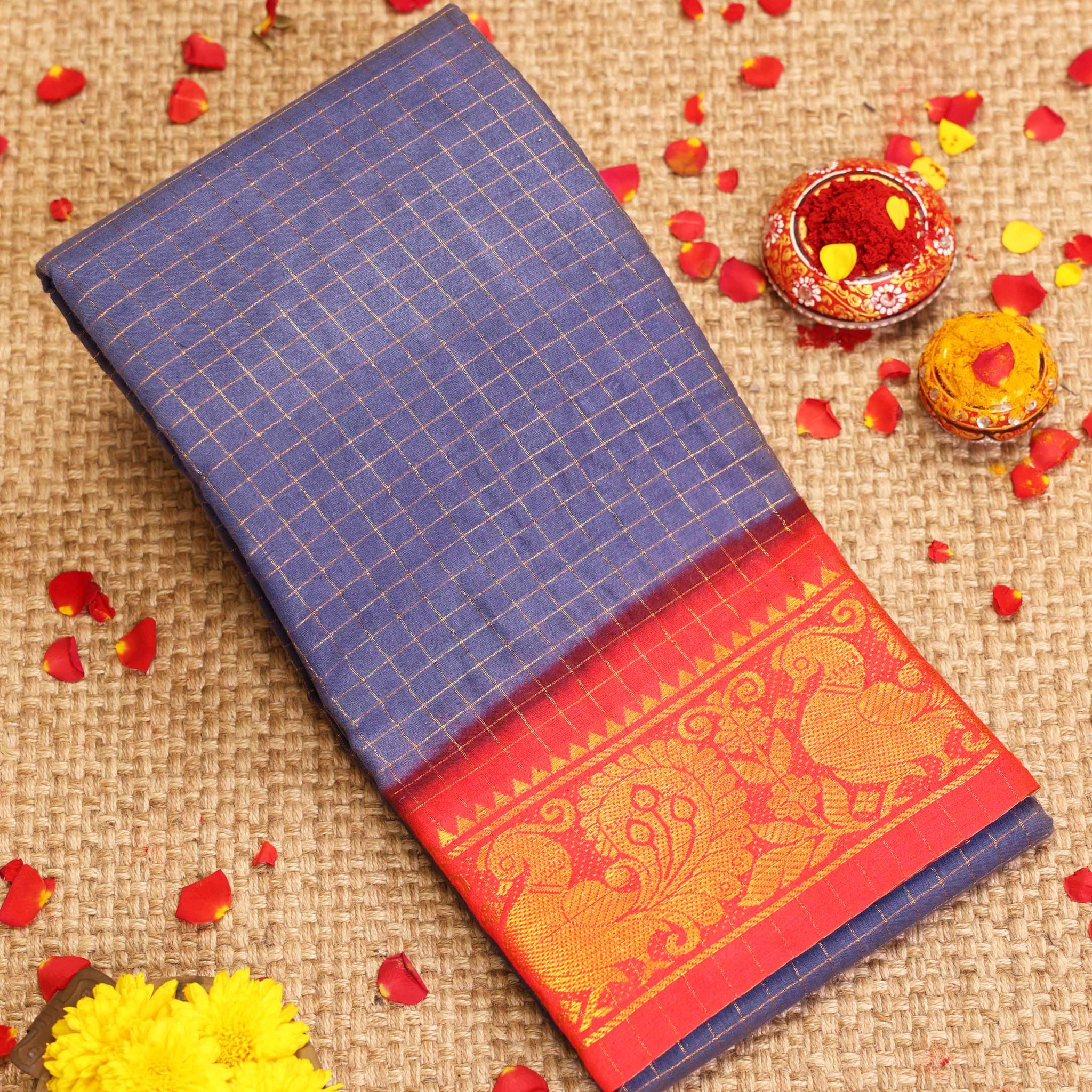 Traditional Sungudi Cotton Saree with Checked Pattern and Rich Zari Peacock Border - Lavender