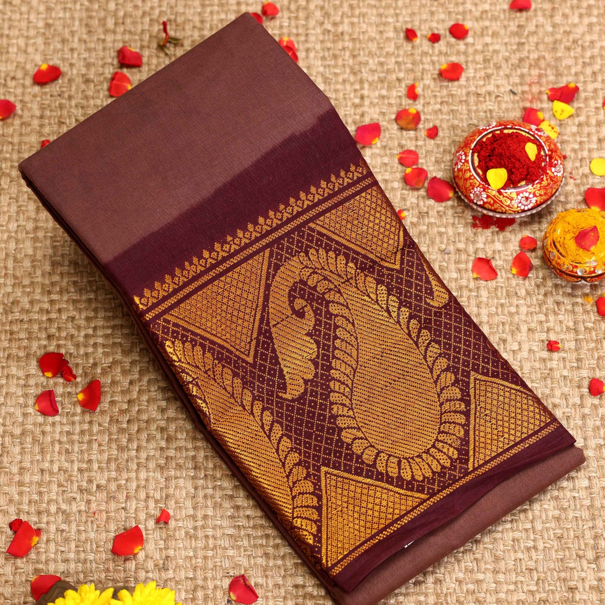 Traditional Sungudi Cotton Saree with Zari Peacock Motif Border - Dark Brown