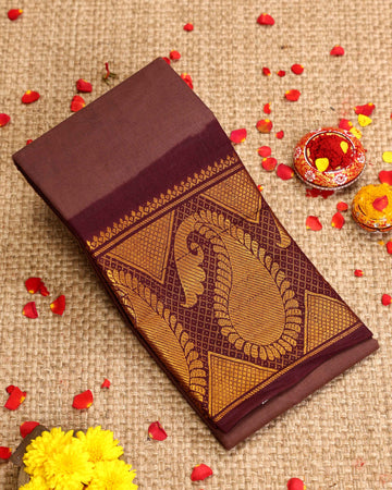 Traditional Sungudi Cotton Saree with Zari Peacock Motif Border - Dark Brown