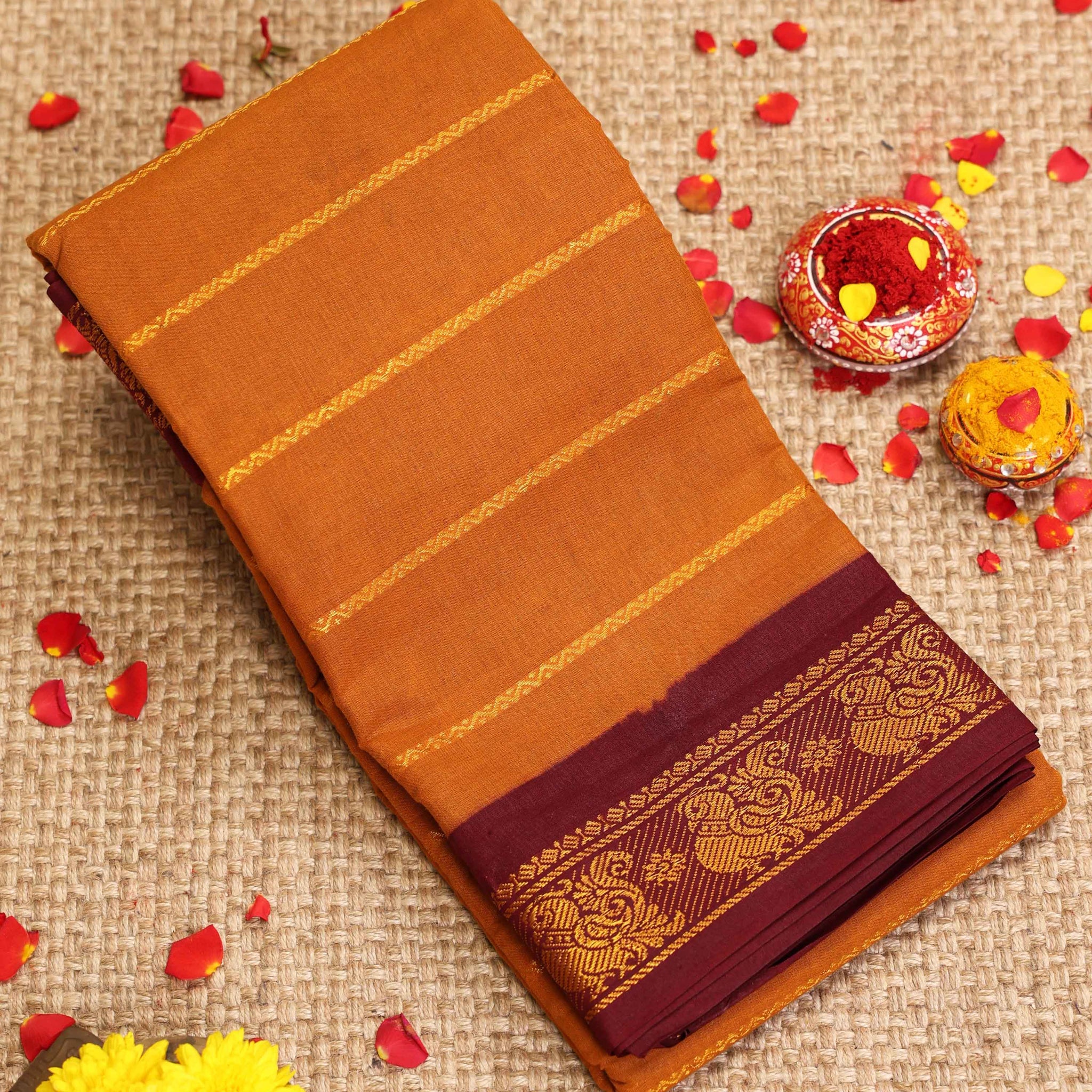 Traditional Sungudi Cotton Saree with Striped Body and Rich Zari Border - Mustard