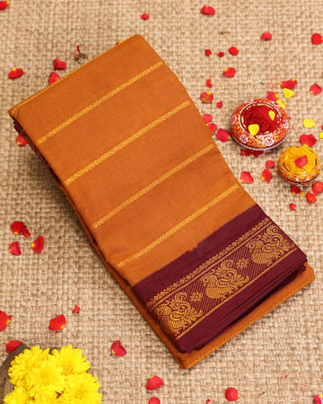 Traditional Sungudi Cotton Saree with Striped Body and Rich Zari Border - Mustard