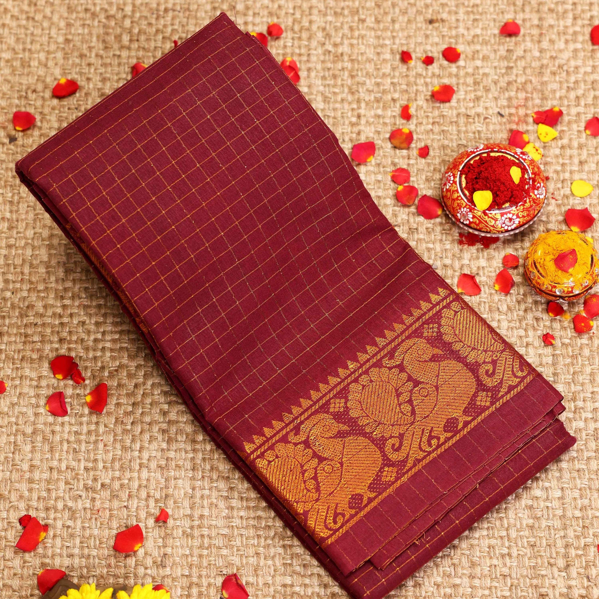 Traditional Sungudi Cotton Saree with Checked Pattern and Rich Zari Peacock Border -Maroon