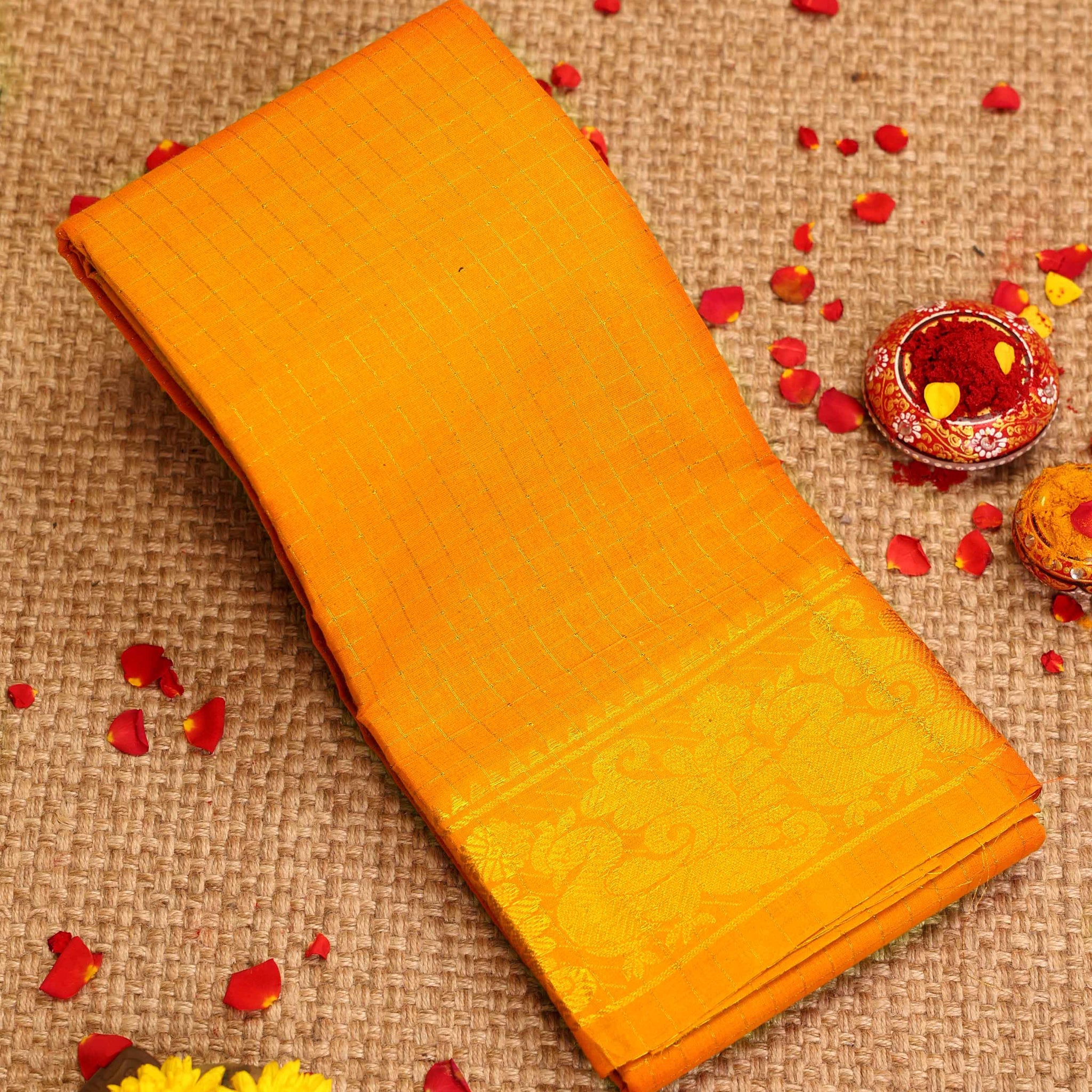 Traditional Sungudi Cotton Saree with Checked Pattern and Rich Zari Peacock Border -Yellow