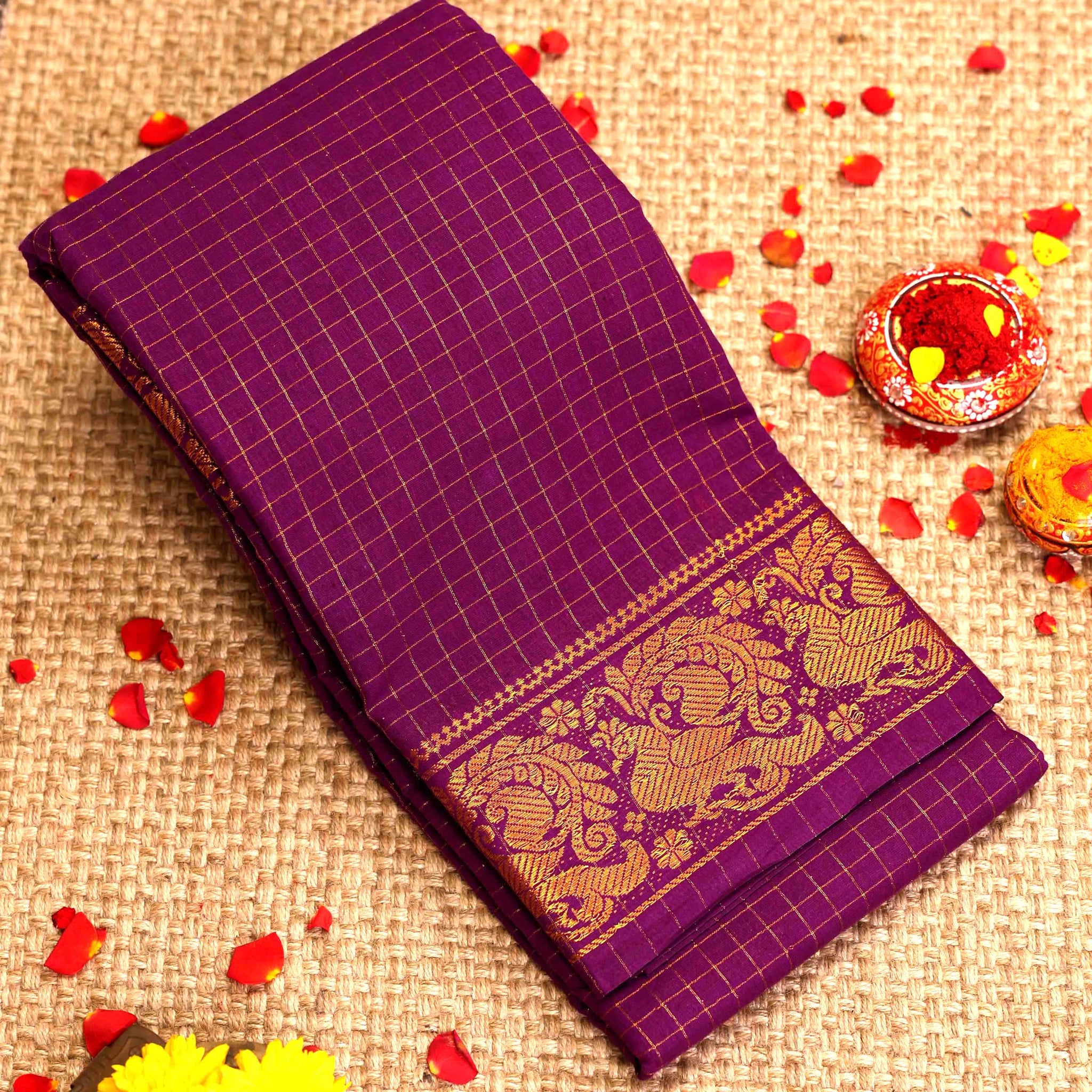 Traditional Sungudi Cotton Saree with Checked Pattern and Rich Zari Peacock Border -Purple
