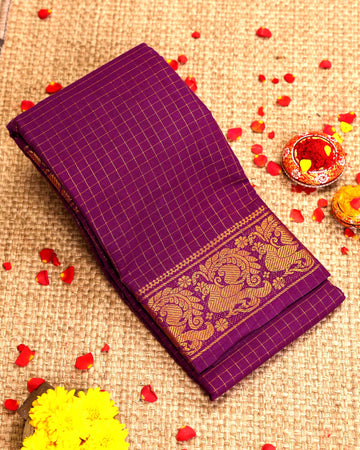 Traditional Sungudi Cotton Saree with Checked Pattern and Rich Zari Peacock Border -Purple
