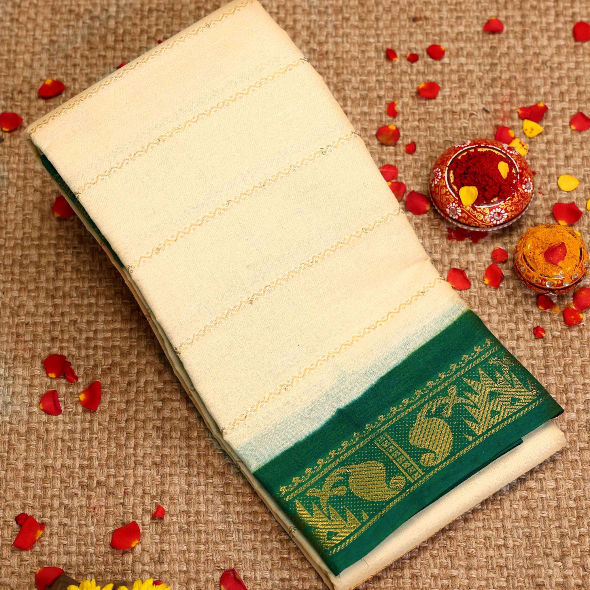 Traditional Sungudi Cotton Saree with Striped Body and Rich Zari Border - Cream