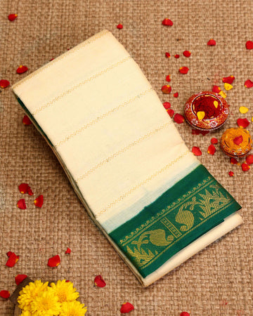 Traditional Sungudi Cotton Saree with Striped Body and Rich Zari Border - Cream