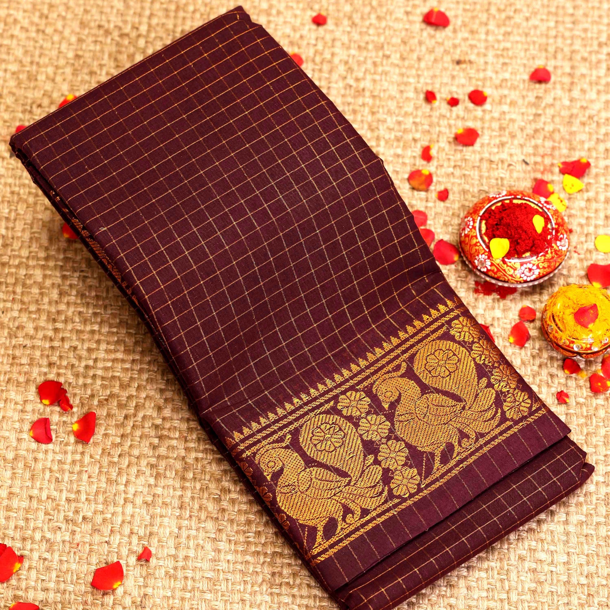 Traditional Sungudi Cotton Saree with Checked Pattern and Rich Zari Peacock Border - Dark Purple