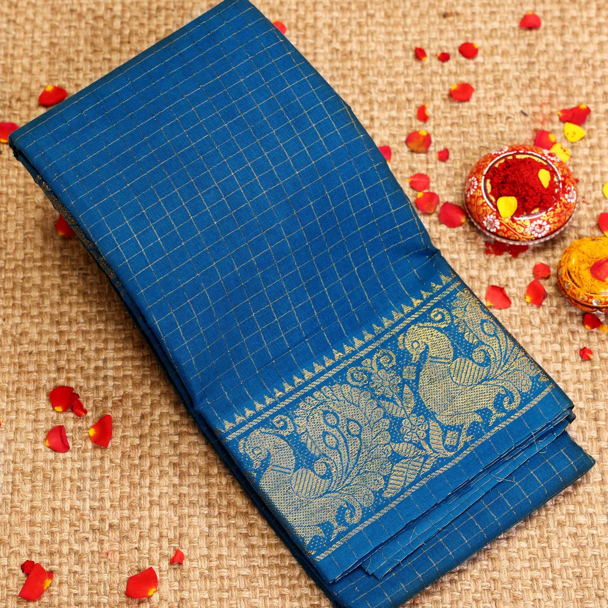 Traditional Sungudi Cotton Saree with Checked Pattern and Rich Zari Peacock Border - Blue