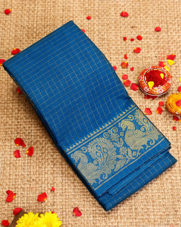 Traditional Sungudi Cotton Saree with Checked Pattern and Rich Zari Peacock Border - Blue