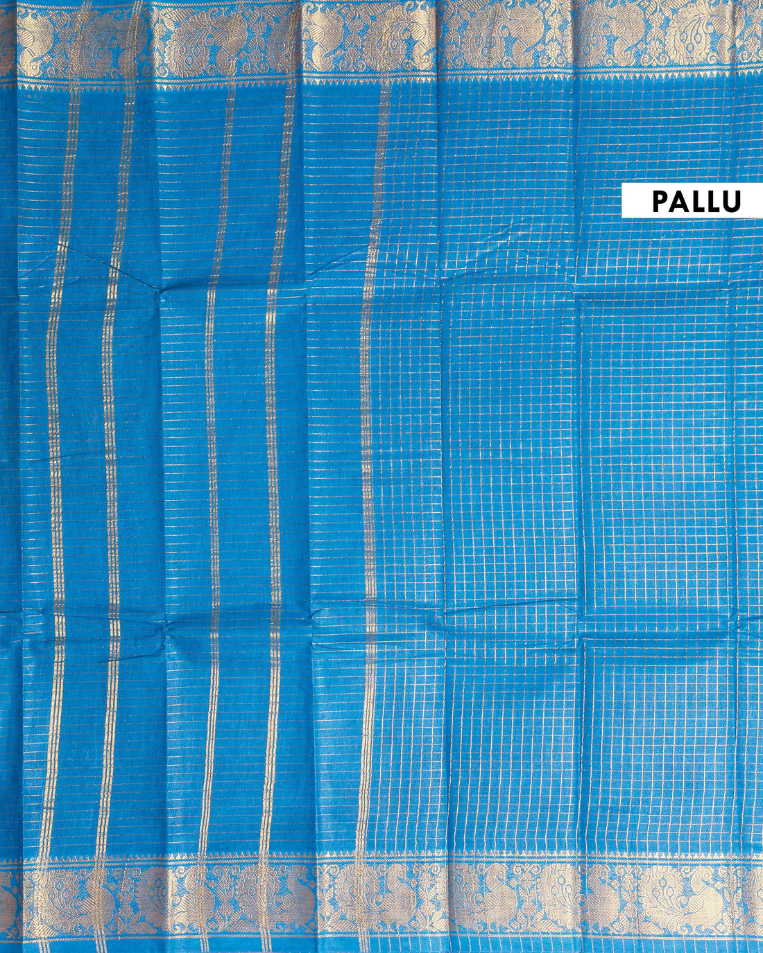 Traditional Sungudi Cotton Saree with Checked Pattern and Rich Zari Peacock Border - Blue