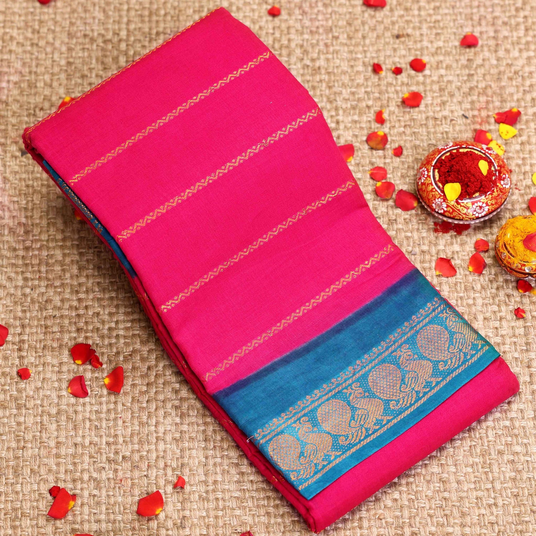 Traditional Sungudi Cotton Saree with Striped Body and Rich Zari Border - Pink