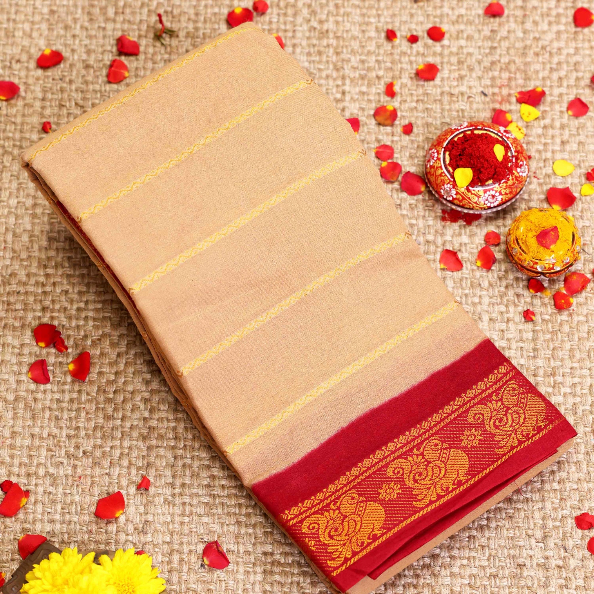 Traditional Sungudi Cotton Saree with Striped Body and Rich Zari Border - Sandal
