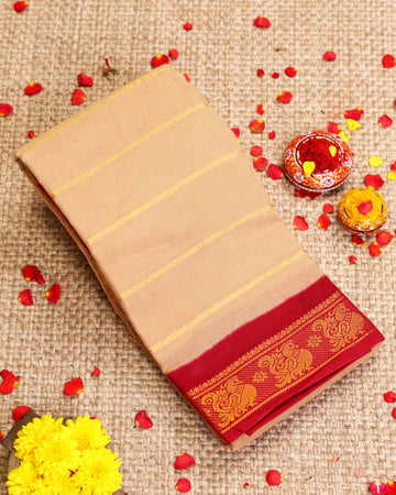 Traditional Sungudi Cotton Saree with Striped Body and Rich Zari Border - Sandal