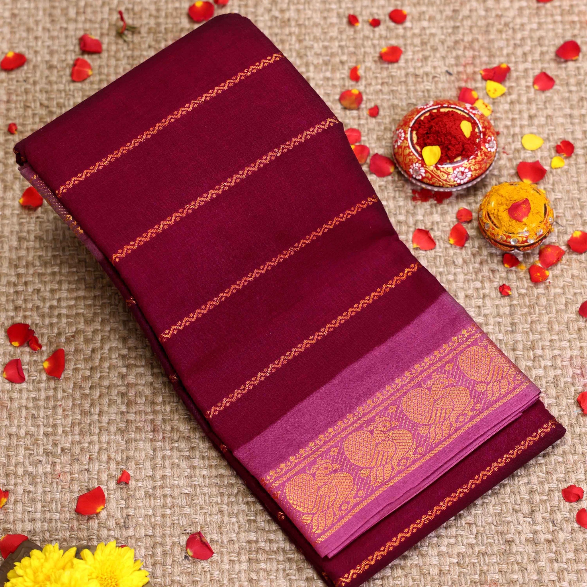 Traditional Sungudi Cotton Saree with Striped Body and Rich Zari Border - Maroon