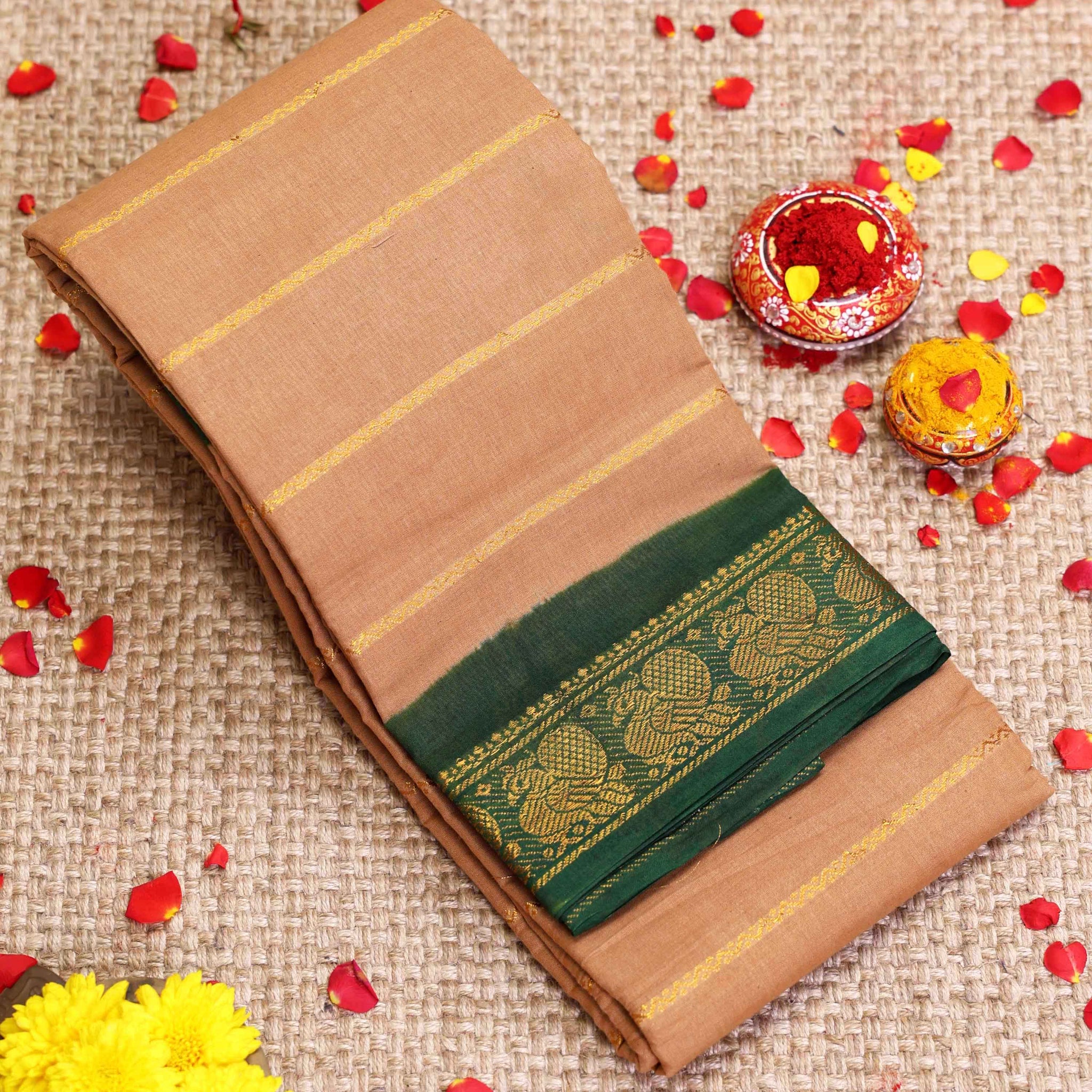 Traditional Sungudi Cotton Saree with Striped Body and Rich Zari Border - Sandal