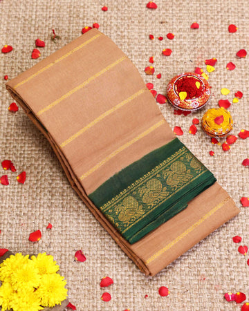 Traditional Sungudi Cotton Saree with Striped Body and Rich Zari Border - Sandal