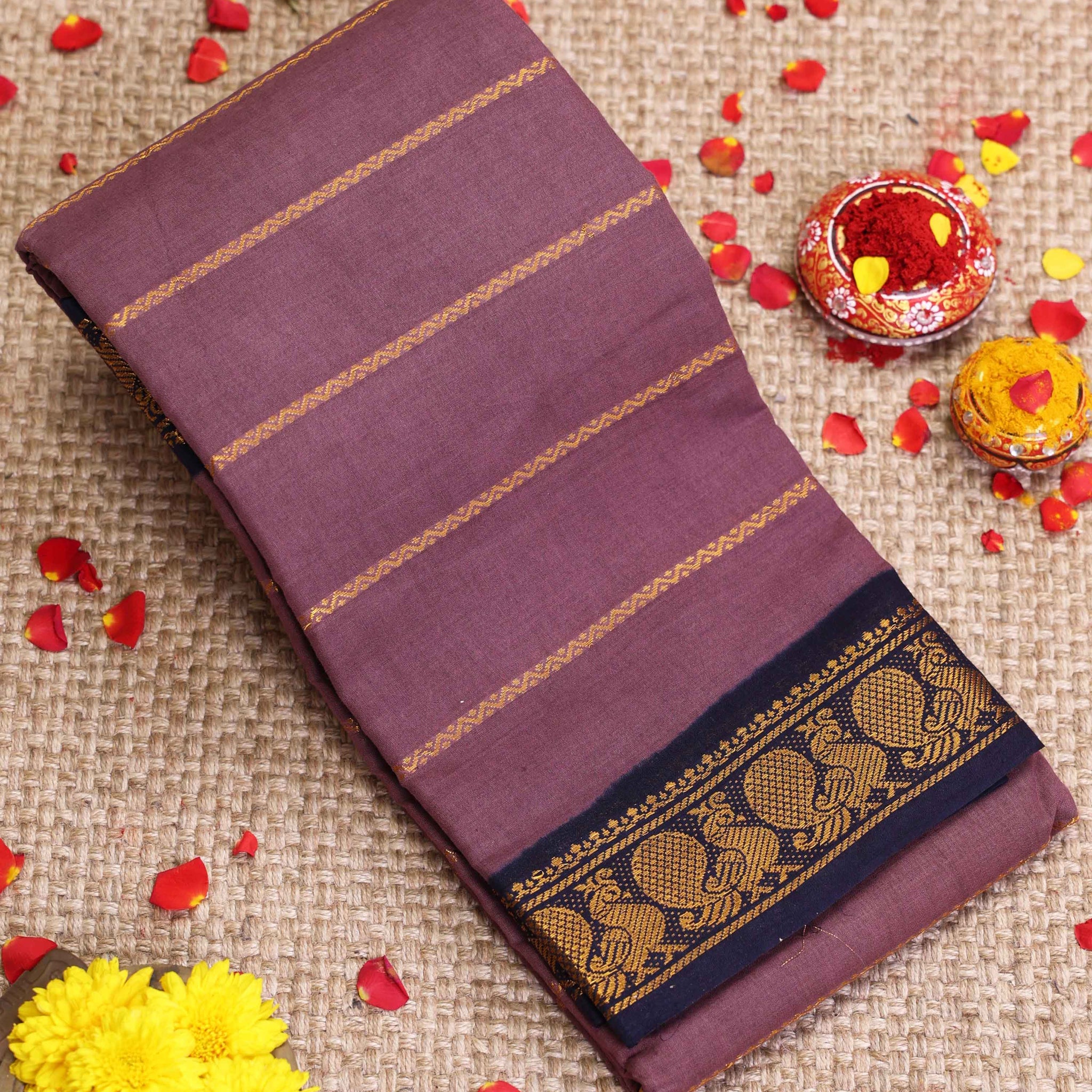 Traditional Sungudi Cotton Saree with Striped Body and Rich Zari Border - Onion Pink