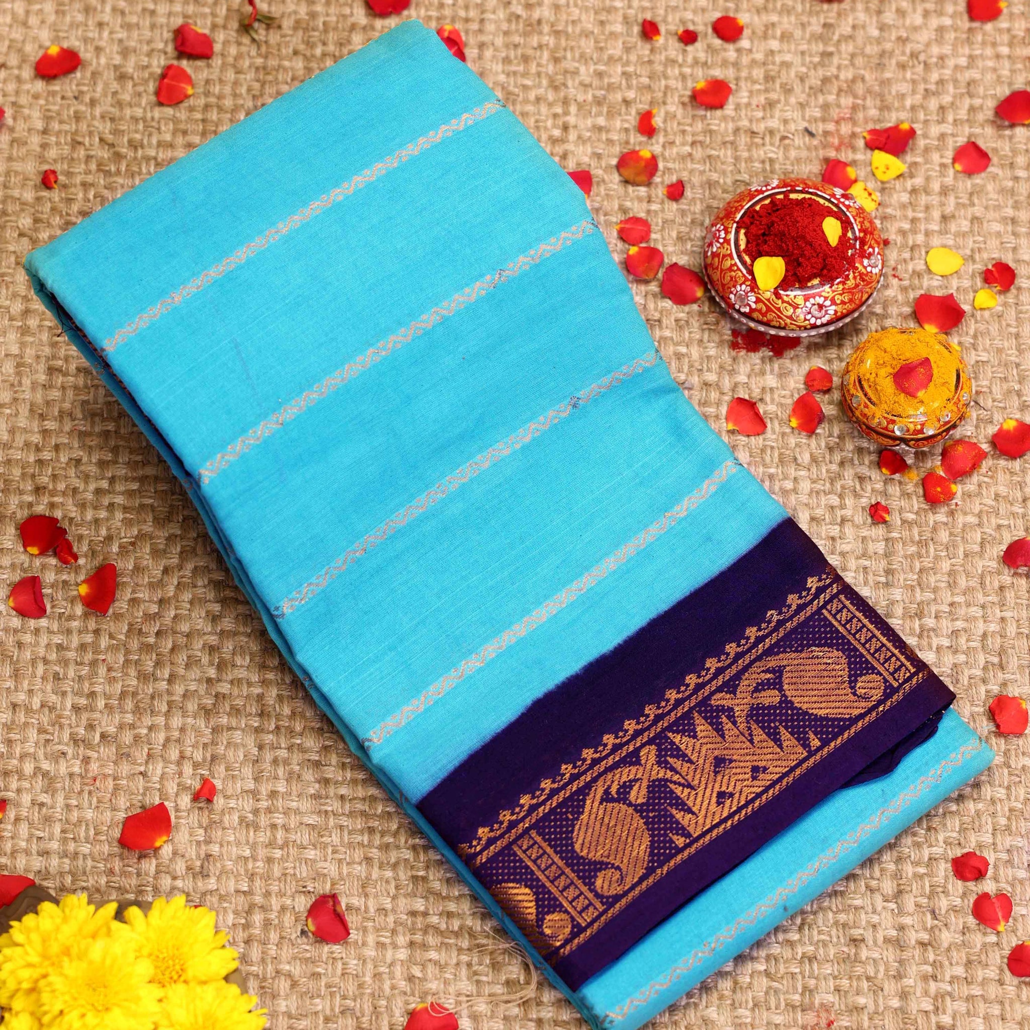 Traditional Sungudi Cotton Saree with Striped Body and Rich Zari Border - Sky Blue