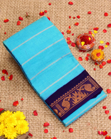 Traditional Sungudi Cotton Saree with Striped Body and Rich Zari Border - Sky Blue