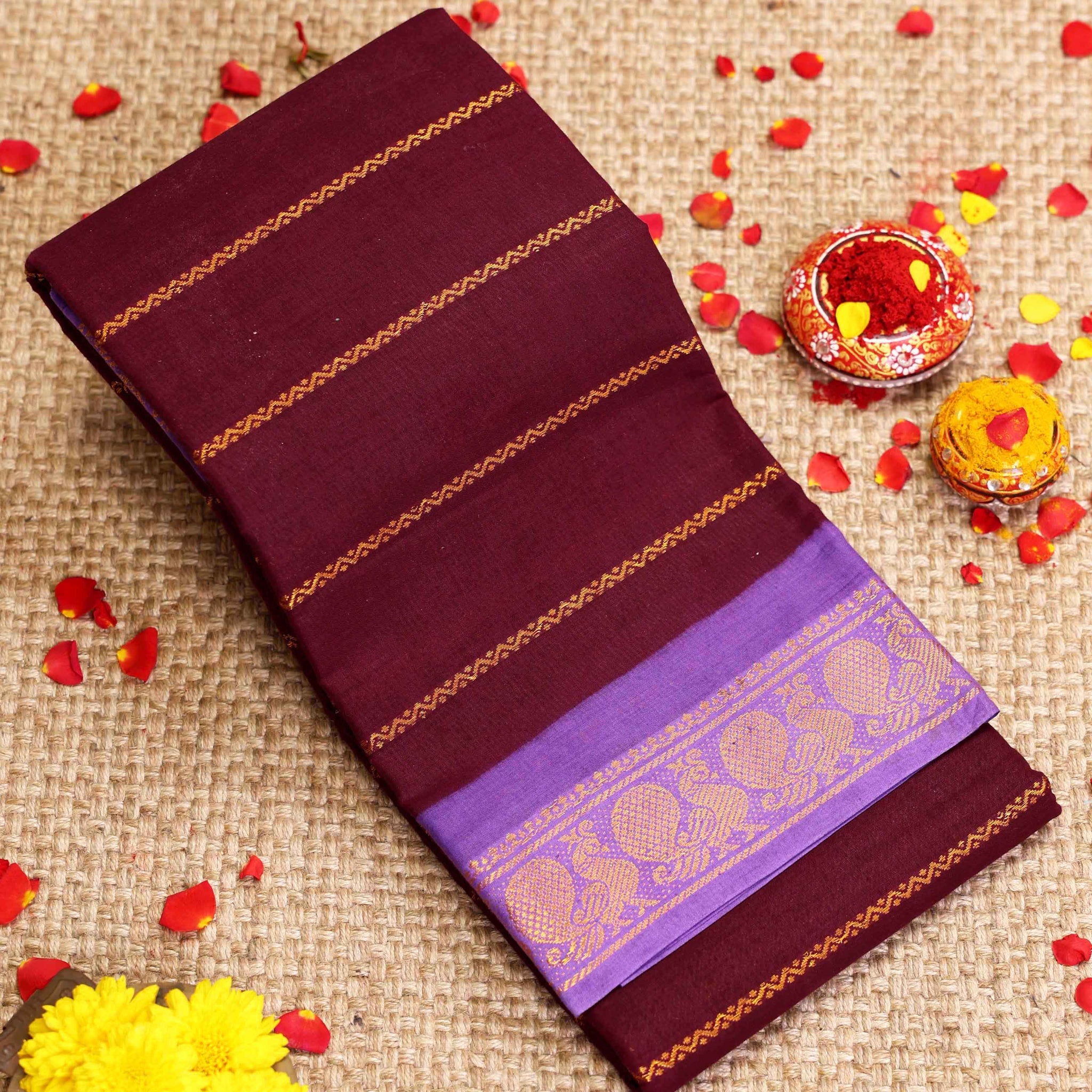 Traditional Sungudi Cotton Saree with Striped Body and Rich Zari Border - Dark Maroon