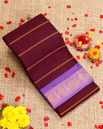Traditional Sungudi Cotton Saree with Striped Body and Rich Zari Border - Dark Maroon