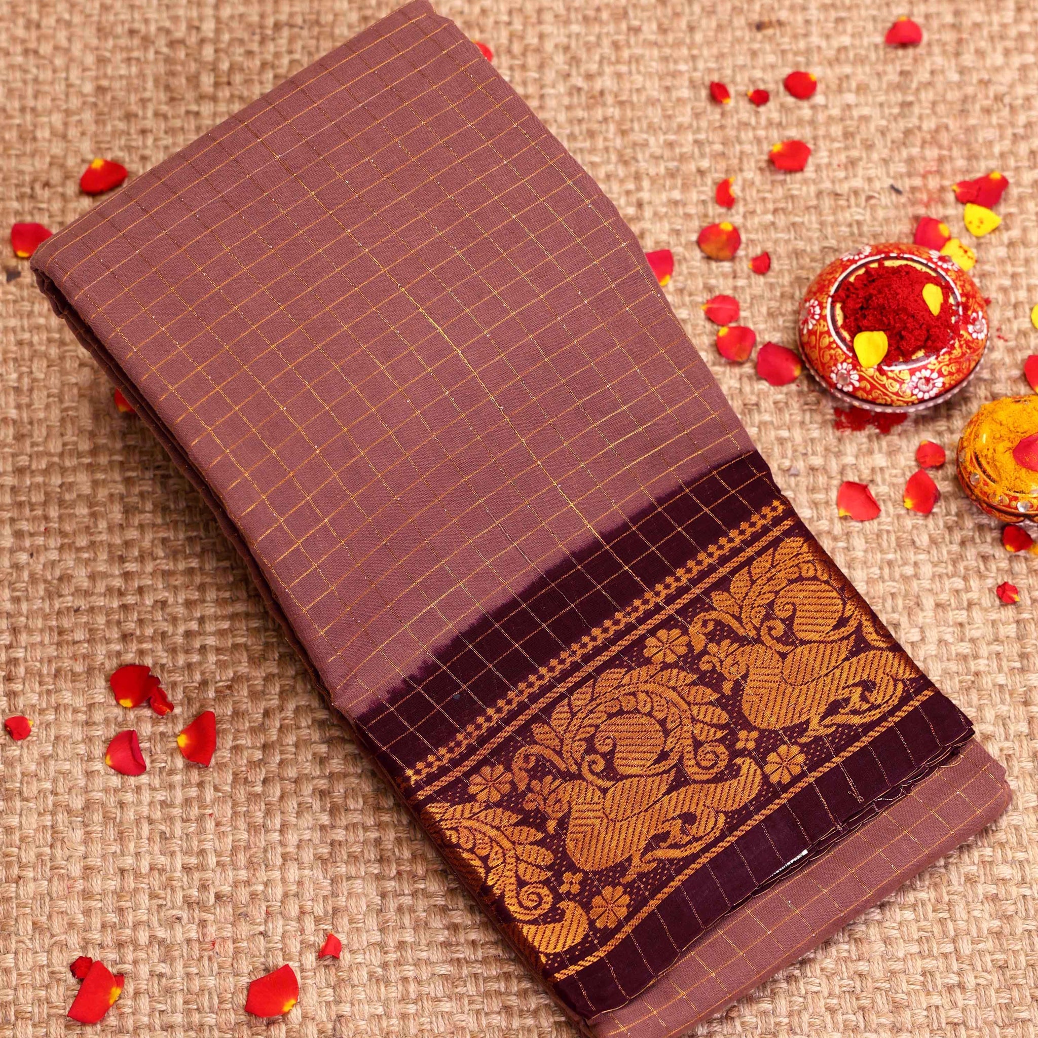 Traditional Sungudi Cotton Saree with Checked Pattern and Rich Zari Peacock Border - Light Brown