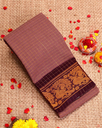 Traditional Sungudi Cotton Saree with Checked Pattern and Rich Zari Peacock Border - Light Brown