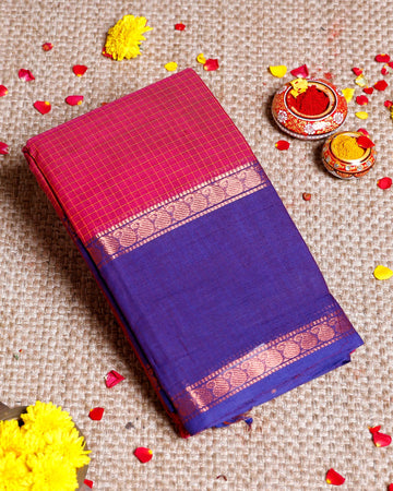Handloom Sungudi Cotton Saree with Traditional Checks and Contrast Border -Maroon