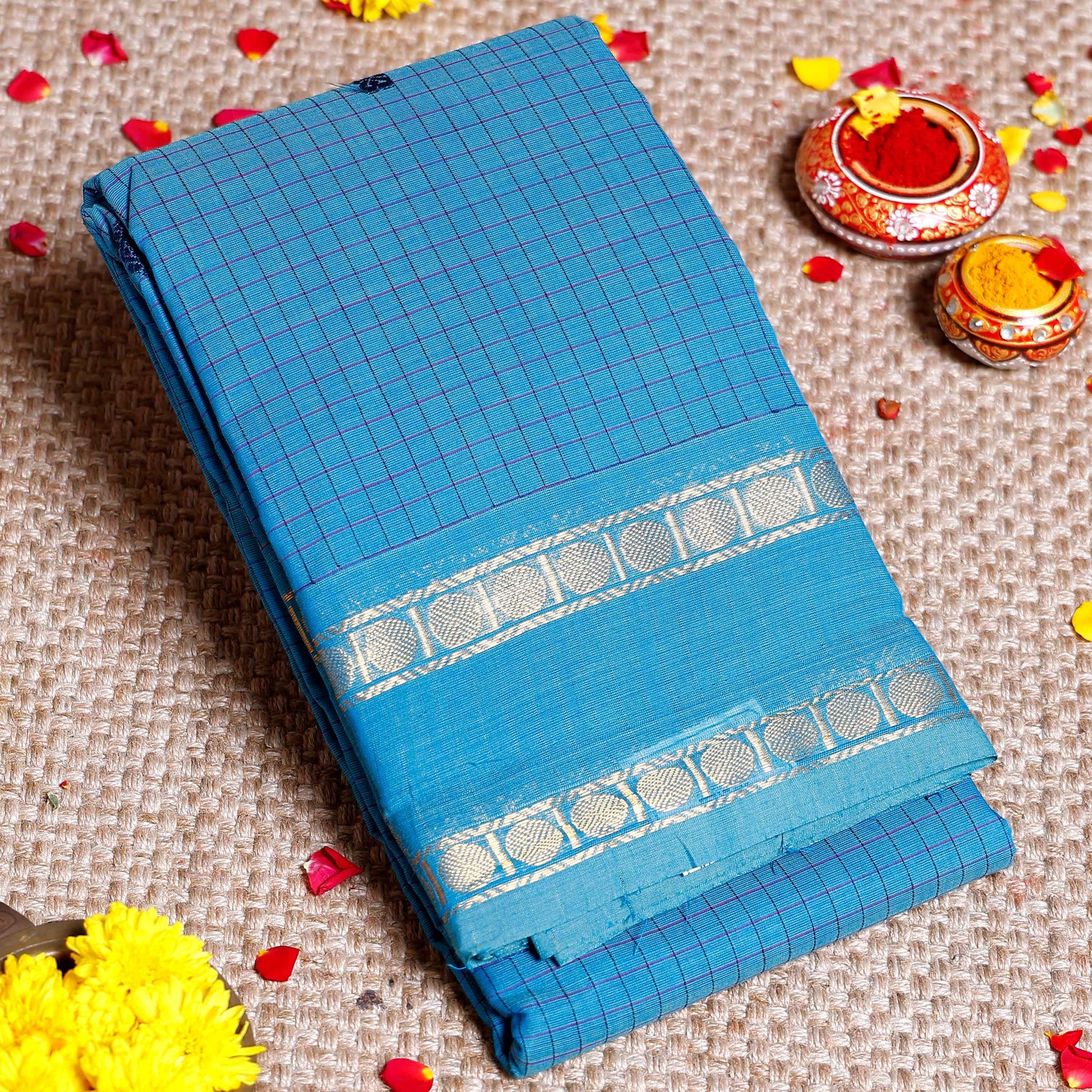 Handloom Sungudi Cotton Saree with Zari Checks and Traditional Border Design - Blue