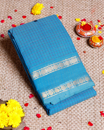 Handloom Sungudi Cotton Saree with Zari Checks and Traditional Border Design - Blue