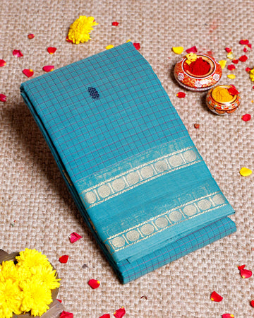 Handloom Sungudi Cotton Saree with Zari Checks and Traditional Border Design - Light Blue