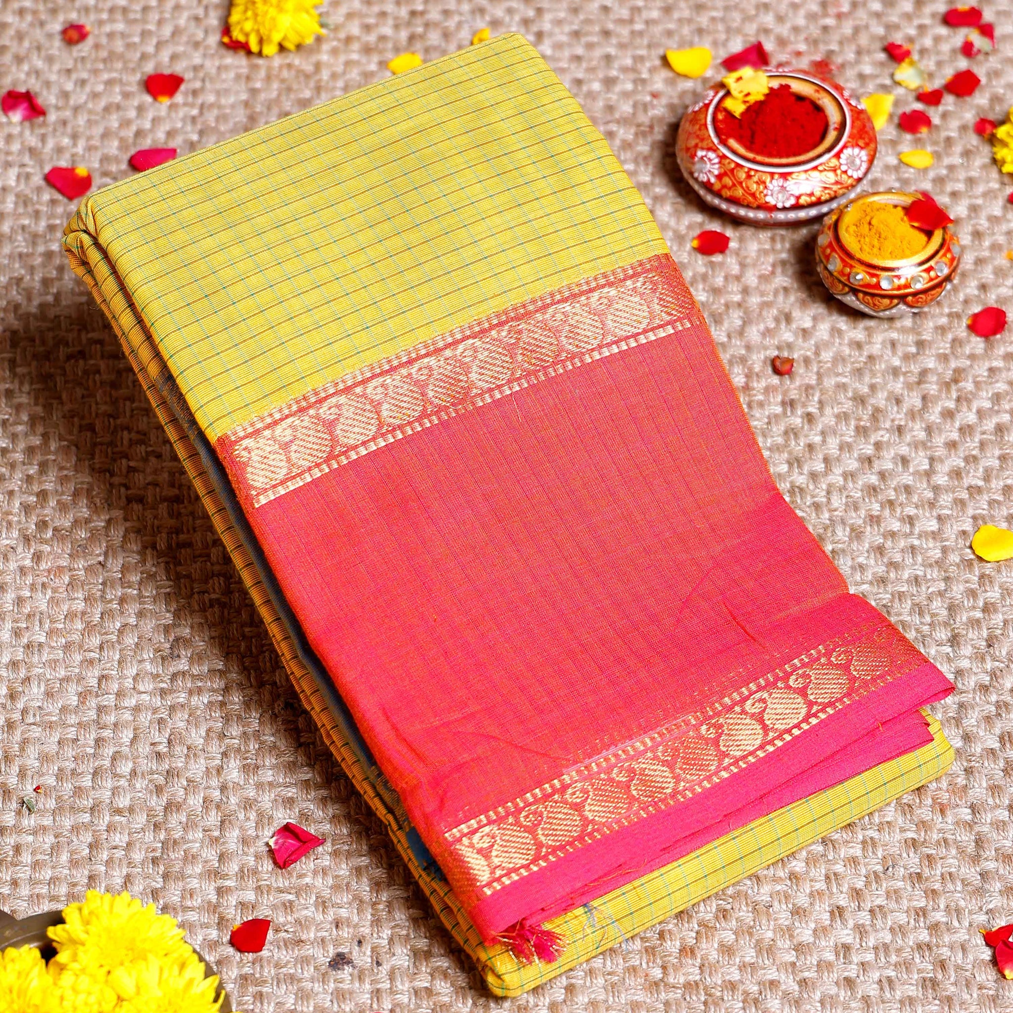 Handloom Sungudi Cotton Saree with Traditional Checks and Contrast Border - Yellow