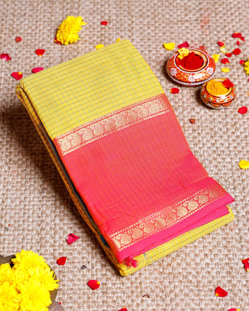 Handloom Sungudi Cotton Saree with Traditional Checks and Contrast Border - Yellow